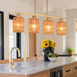 Ovyiech Rattan Kitchen Island Lighting,Farmhouse Boho Coastalv Chandelier,4-Light Bohemian Rustic Pendant Light for Dining Room,Height Adjustable,Woven Hanging Lights Fixture Over Table
