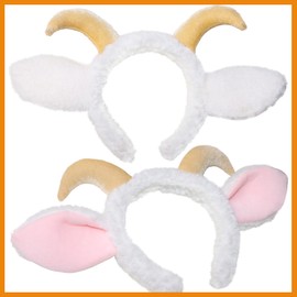 Goat Ears Headband with Ram Horns and Tail, Furry Goat Costume Accessory. (White)