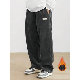 80s Men's Loose Letter Patched Drawstring Waist Straight Leg Pants, Casual Streetwear Pocket Corduroy Trousers for Daily Wear, Work Pants for Men,  Pants for Men, Fashion Men's Bottoms for All Seasons - Color: Dark gray (velvet version), Size: XL