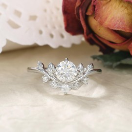 IRROYA Nature Leaf Tiara 0.8CT Round Moissanite Engagement Ring Vine Style Art Deco G Color White Moissanite Proposal Ring for Her Crown of thorns 925 Silver Wedding Ring Plated by Platinum Unique Sterling Silver Marriage Rings for Women Size 7.5