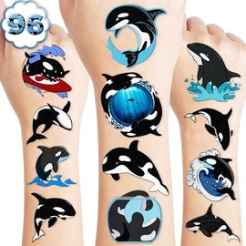 100 piezas de decoraciones para fiestas de cumpleaños de ballenas orcas, suministros de recuerdo, pegatinas de tatuajes temporales de ballena asesina del mar para niñas y niños, regalos bonitos,