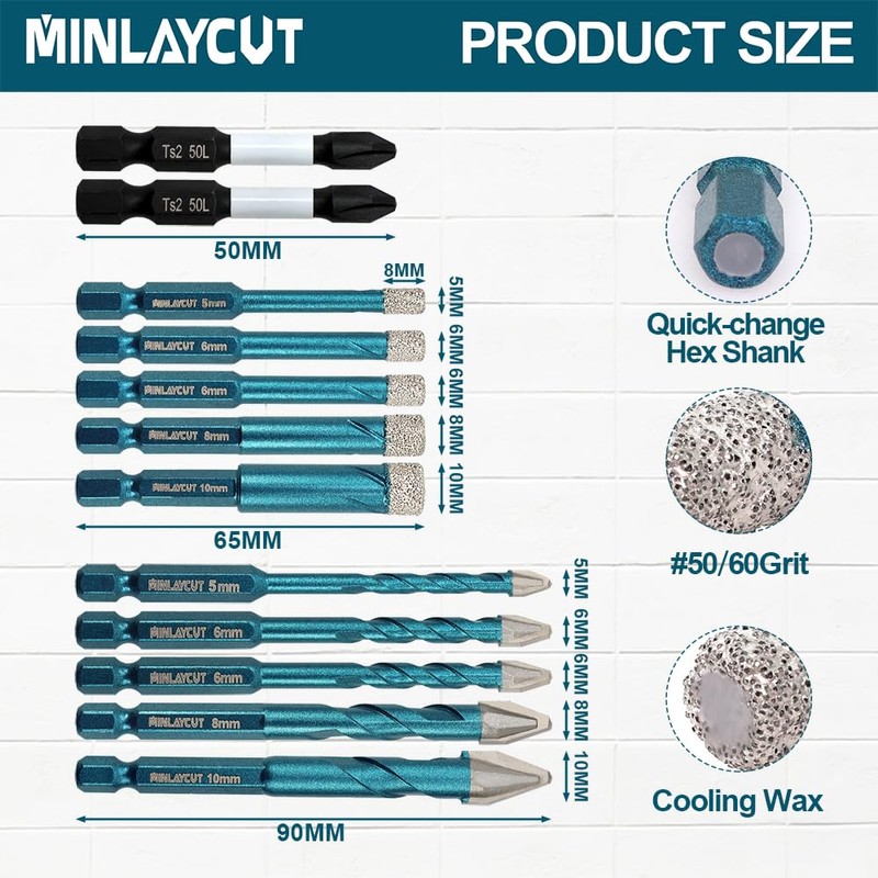 MINLAYCUT Tile Glass Drill Bits - 12PCS 3/16"-3/8" Diamond Drill