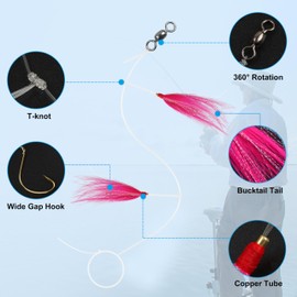 OROOTL Fishing Bait Rigs Saltwater, 6pcs Fishing Rigs Flounder Rigs with Bucktail Teaser Mylar Teaser Saltwater Fishing Rigs Hi Lo Rig for Sea Bass Halibut Surf Ocean Fishing