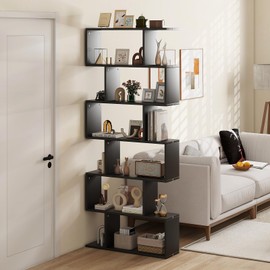 SILKYDRY 6-Tier Geometric Bookshelf, S-Shaped Book Shelf, Freestanding Room Divider Bookcase, 75-inch Vertical Staggered Bookshelf, Modern Decorative Display Shelf for Home Office (1, Black)