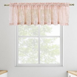 FINECITY Blush Lace Valance Curtain for Kitchen Window, Country Rustic Floral Short Lace Cafe Curtain 18 Inch Length, Privacy Lace Sheer Valance Curtain, 52 x 18 Inch, 1 Panel, Blush Pink