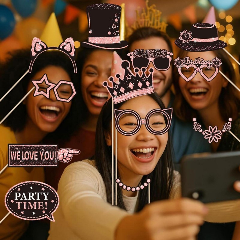 38 Pcs Birthday Photo Booth Props Kit-Pink