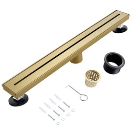 muschbath 32 Inch Linear Shower Drain, Brushed Gold Shower Drain, Removable Grate, 304 Stainless Steel, Easy to Install And Clean for Bathrooms (Drain Base Not Included), LSD-31A-32G