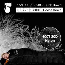 OMVMO 15 Degrees F 650 Fill Power Down Sleeping Bag for Adults,Lightweight 4 Season Envelope Rectangle Down Sleeping Bag for Backpacking Camping,Black Right-Zipper Regular
