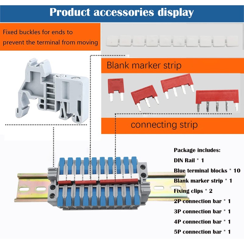 CTRICALVER DIN Rail Terminal Block Kit, 10 pcs Blue Quick