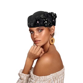 European and American Retro British Felt Headscarf hat Women's Church Derby Headdress with Floral Women's Soft Beret (Black)