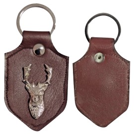 Draogn Brown Leather Keychain With Silver Stag Head| Scottish Highland Key Ring Gift