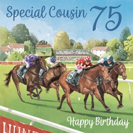 Hunts England - 75th Cousin Horse Racing Birthday Card - Milo's Gallery - Age 75 Sport Fun Birthday Card For Cousin - For 75 Year Old Horse Racing Fan - Age Seventy Five