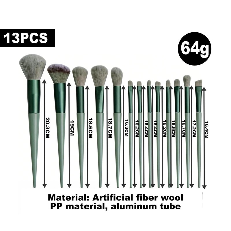 13 Piece Vegan Synthetic Makeup Brush Set No-Shed with Green