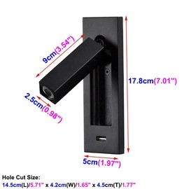 BRILLRAYDO 3W LED Recessed Mount Directional Spotlight Bedside Reading Light Hidden Button Adjustable Picture Project USB Charging Port Black