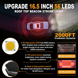 ASPL 16.5 Inch Roof Top Beacon Emergency Strobe Light - 56 LED Magnetic Warning Caution Bar for Traffic Hazard Plow - Trucks Vehicles Construction Snowplow (Red/White)