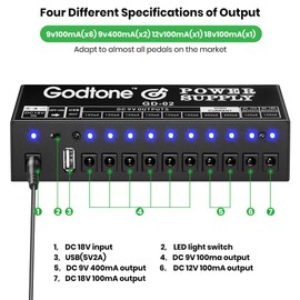 Guitar Pedal Power Supply 10 Isolated DC Output for 9V/12V/18V, 100mA 400mA Effect Pedal, with USB(5V2A) GD-02