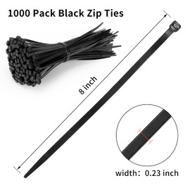 Black Zip Ties 8 inch 1000 pack Heavy Duty with Tensile Strength 75lbs Cable Ties UV Resistant Industrial Self Locking 8" Zipties Bulk Nylon Wire Tie Wraps Workshop Camping Outdoor Use, Zcpotizi