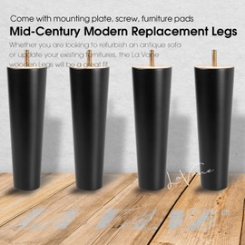 4 inch / 10cm Wooden Furniture Legs, La Vane Set of 4 Black Solid Wood Tapered M8 Furniture Replacement Feet with Pre-Drilled 5/16 Inch Bolt & Mounting Plate & Screws for Sofa Chair Couch Ottoman