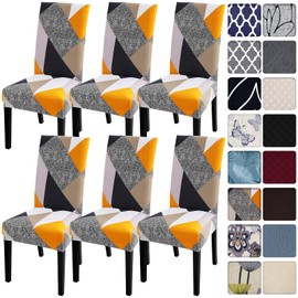 SearchI 6 Pack Super Fit Stretch Removable Washable Short Dining Chair Covers Slipcover Protector, Spandex Fabric Chair Cover for Dining Room, Hotel, Ceremony (Geometric1, 6 per Set)