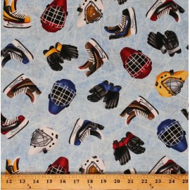 Blank Quilting Cotton Hockey Gloves Ice Skates Sports Goalie Helmets Fabric Print BTY D668.62