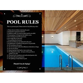 Pool Rules - Black & White/Blue & White Sign for outdoor use with a list of health and safety points about using swimming pool. Ideal for use in holiday accommodation (Black)
