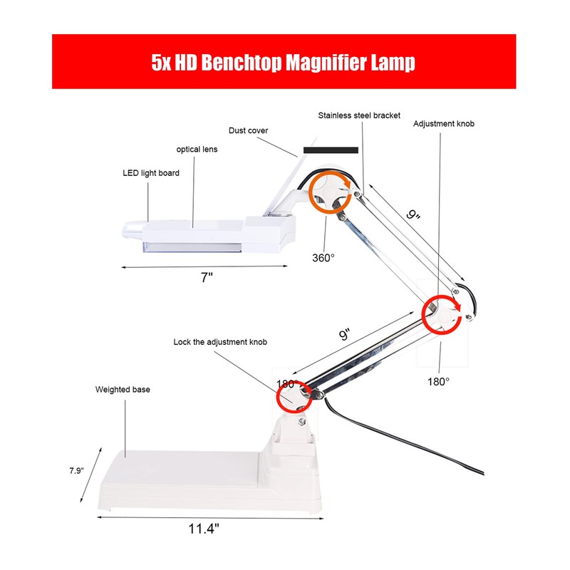 LGXEnzhuo 5X HD Bench-top Magnifier Lamp 110V Table Magnifier LED