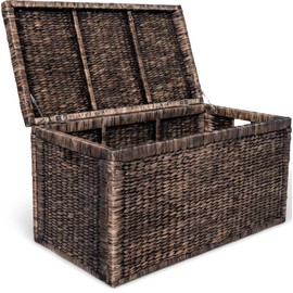 Finch Wicker Trunk - Vintage and Boho style Chest to store Blanket and toys, Ideal for Living Room, Bedroom, Kids Room, Wooden Frame with Water Hyacinth Woven Construction, Brown