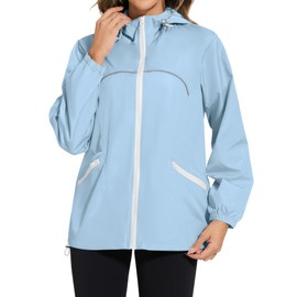 Avoogue Womens Hooded Raincoats Lightweight Packable Windbreaker Raincoats Waterproof Light Jackets Light Blue M