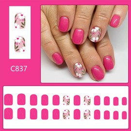 24Pcs Spring Press on Nails Short Square Fake Nails Pink Floral Design Acrylic Nail Art Kit Full Cover Glossy Stick on Nails Spring Summer Flower False Nails for Women Girls‌ Manicure
