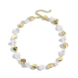 Baroque Pearl Necklace for Women 14K Gold Plated Pearl Choker Necklace Boho Irregular Pearl Necklace Vintage Pearl Charm Choker Necklace Birthday Wedding Jewelry for Women (Gold B)