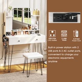 TC-HOMENY Makeup Vanity with Charging Station, Vanity Desk with 2 Drawers and Mirror, White Vanity Desk Storage Shelves and Cushioned Stool, Vanity Table with Metal Hairpin Legs