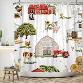 Farm Shower Curtain 180 x 180 cm, ASDCXZ Rustic Farm Red Barn Animal Pig Chicken Cow Dog Sheep Washable Shower Curtains Polyester Textile Waterproof Shower Curtain for Bath with 12 Hooks
