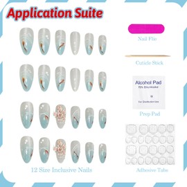 3D Press on Nails Medium Almond Handmade Fake Nails Blue Ombre False Nails with 3D Pink Flower Goldfish Pearls Glitter Designs Sparkly Glossy Glue on Nails Acrylic Nails for Women Girls 24Pcs