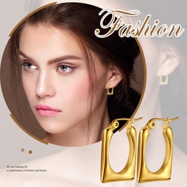 Flongo Women's Gold Chunky Earrings: Thick Rectangular Square Geometric Stud Earrings Small Hoop Huggie Chunky Folding Hoop Earrings Stainless Steel Gold-Plated Statement Earrings Dupes Fashion