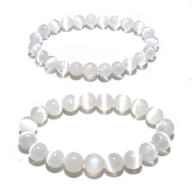 Selenite Bracelets for Women and Men:8MM & 10MM | Negative Energy Shield | Natural Cats Eye | Crystal Jewelry to Cleanse and Charge Energy & Power | Must Have for Meditation