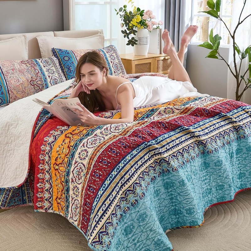 WONGS BEDDING Bohemian Quilt Set Queen Size, Boho Striped Pattern