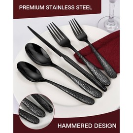 Hammered Black Silverware Set, EUIRIO 20-Piece Cutlery Set for 4, Heavy Duty Stainless Steel Flatware Set, Food-Grade Utensil Sets Includes Spoons Forks and Knives, Mirror Finish Dishwasher Safe