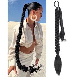 Braided Ponytail Extension with Hair Tie for Women, 32 inch 1 Pack Black Ponytail Extension Straight Extra Long Ponytail Hair Extension for Braids