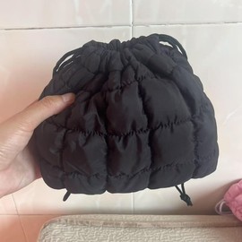 TUBGIIKS Drawstring Quilted Makeup Bag for Women Girls, Cute Puffer Skincare Cosmetic Organizer Case, Make up Pouch Purse, Portable Travel Toiletry Essentials and Accessories (Black)