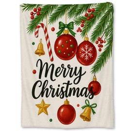 Christmas Ornaments Blanket, Soft Lightweight Flannel Holiday Candy Cane and Bells Throw Blanket for Couch, Bed, Travel & Home Decor Gifts, Cozy Warm Festive Blankets for Kids Women Girls 60×50 in