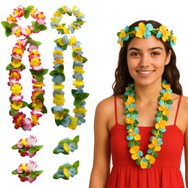 ZKGYUS 2 Pieces Hawaiian Flower Necklace, Hawaiian Chain Hair Band Bracelets Set, Tropical Luau Flowers Lei for Dress, Hawaiian Party Mallorca Decoration, Birthday Party Accessories