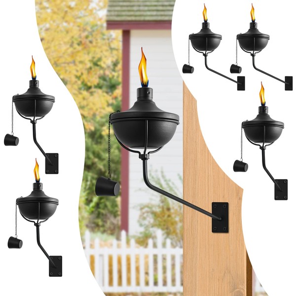 FAN-Torches Wall Mounted Citronella Torches Set of 6, 24 oz Garden Torches for Outside, Refillable Flame Light Torch, Outdoor Metal Torch for Yard, Patio, Deck, Garden, Party, Landscape