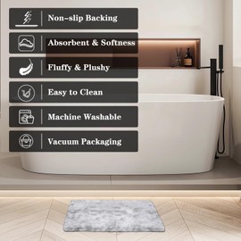 ConCus-T Grey Bath Mat Faux Fur Plush Bathroom Rugs Shaggy Soft Anti Slip Bath Carpet Doormat for Bedroom Bathroom Puppy Bed Mat, Tie-Dye Light Grey, 24''X16''