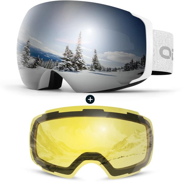 Odoland Magnetic Interchangeable Ski Goggles with 2 Lens, Large Spherical