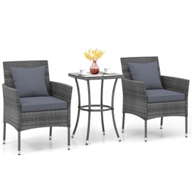 KOTEK 3 Pieces Patio Furniture Set, PE Rattan Outdoor Conversation Set with Tempered Glass Table & Soft Cushions, Wicker Bistro Set for Garden, Porch, Balcony (Grey)