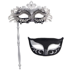 IETANG Couple Mardi Gras Mask Venetian Masquerade Mask Set Party Costume Accessory (On Stick-F-silver&black)