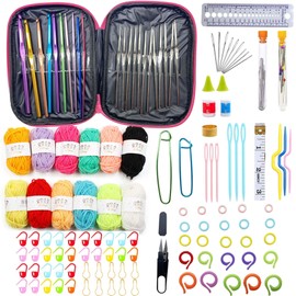 Allazone 122 Pieces Crochet Starter Set, Crochet Starter Set, Crochet Sets for Beginners, Adults, Children, Wool and Accessories, Knitting Set with Needles and Case, Gift Set (Style A)