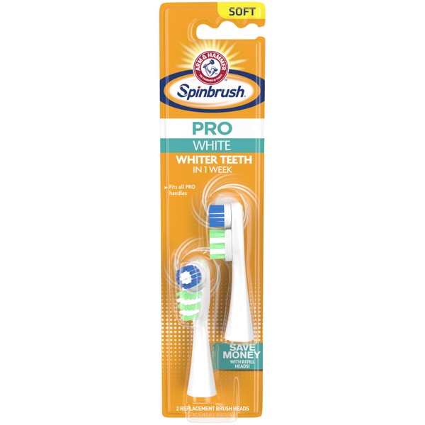 Arm & Hammer Spinbrush Pro Series White Battery Toothbrush Refills (Replacement Heads), Soft, 2 Count