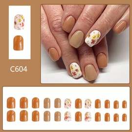 Vopintpy Cute Flower Press on Nails Glossy Solid Color Fake Nails Short Square Acrylic Glue on Nails Reusable Full Cover Stick on Nails for Women DIY Manicure