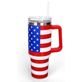 Whaline 40oz Patriotic Tumbler with Handle Straw and Lid 4th of July Red Blue Stars Stripes USA Flag Travel Tumbler Independence Day Coffee Cup for Holiday Birthday Party Favors